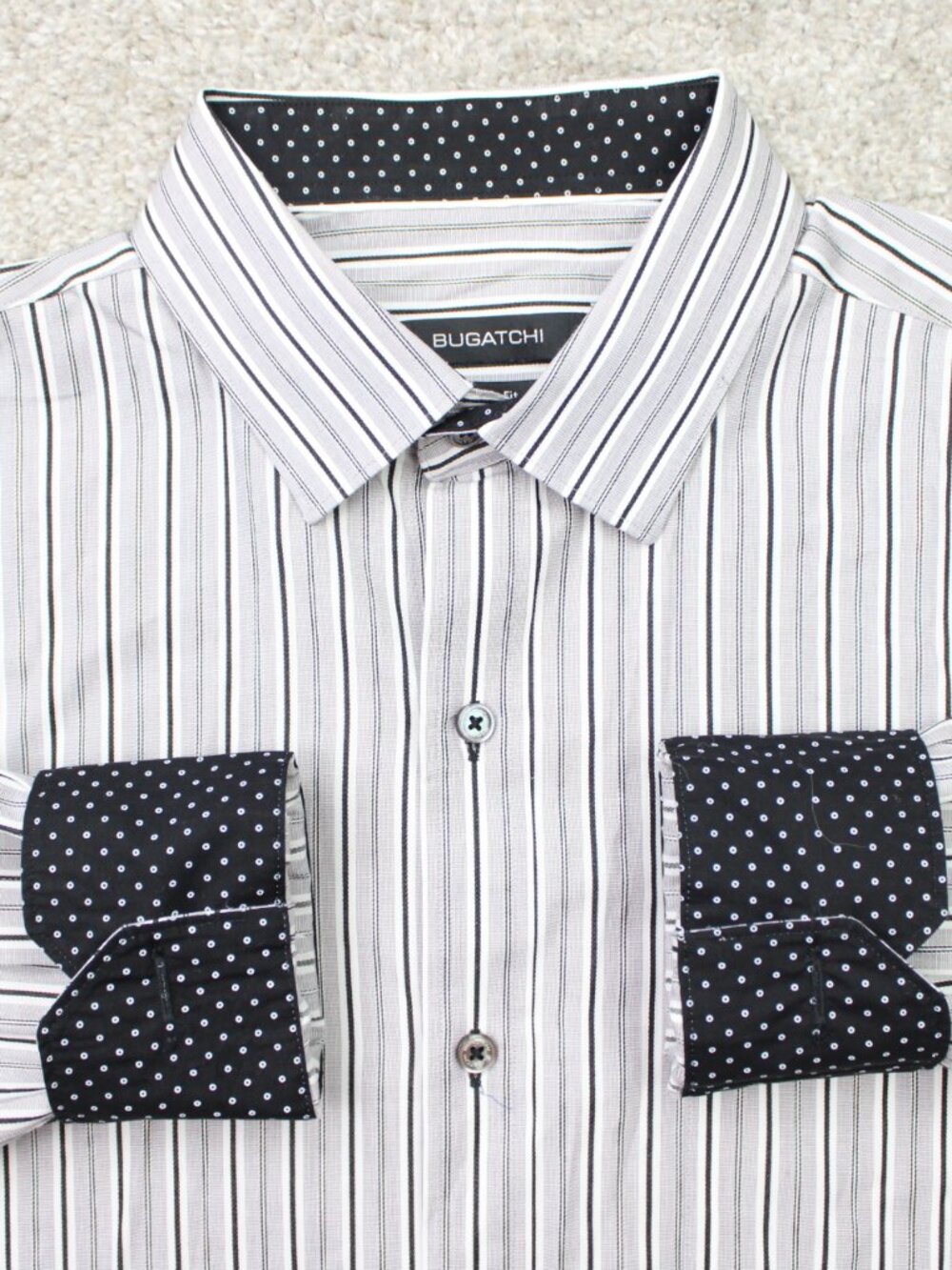 Bugatchi Shirt Mens Large Gray/Black Striped Classic Fit Flip Cuff Cotton L/S